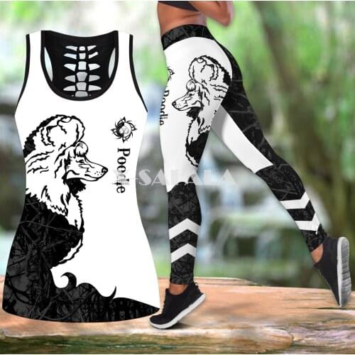 Poodle Black Tattoos Dog Two Piece Yoga Set Women 3D Print Vest Hollow Out Tank Top High Waist Legging Summer Casual Sport