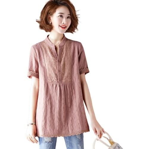 Solid Embroidery Women Blouse 2021 V-Neck Short-Sleeved Loose A-Line Lady Elegant Lace Patchwork Female Pulls Tops