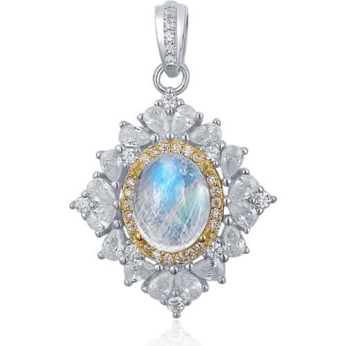 925 Sterling Silver 1.25ct Natural Rainbow Moonstone & CZ Pendant Necklace Engagment Wedding Jewelry/moonstone pendant rainbow
