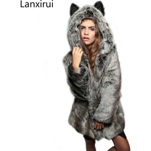 Like Wolf Artificial Fox Fur Coat Cartoon Ear Hooded Faux Rabbit Fur Coats Plush Jacket Faux Fur Hood Animal Hat Women Outwear
