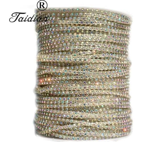 Taidian Transparent Color SS8 Glass AB Sew On Rhinestone Trim Banding For Bead work 50yards/roll