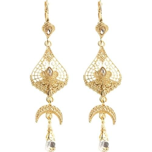 Retro Bohemian Style Ethnic Ladies Earrings With Droplet Shape Hollow-Out Design With Metallic Gold Earring