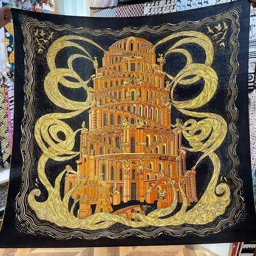 POBING Silk Cashmere Scarf Women Hand Rolled Shawls Tower Print Square Scarves Wraps Lady Bandana Big Hijabs Female Foulards