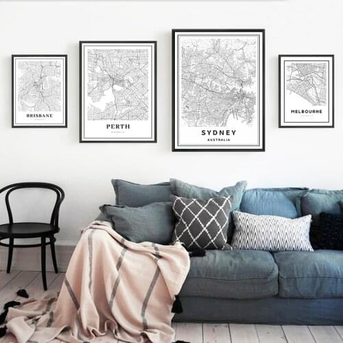 Sydney, Perth, Brisbane, Melbourne Australia City Street Road Map Posters and Prints Travel Gift Wall Art Canvas Painting Decor