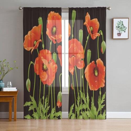 Safflower Poppy Flowers Plant Art Tulle Sheer Window Curtains for Living Room Kitchen Children Bedroom Voile Hanging Curtain