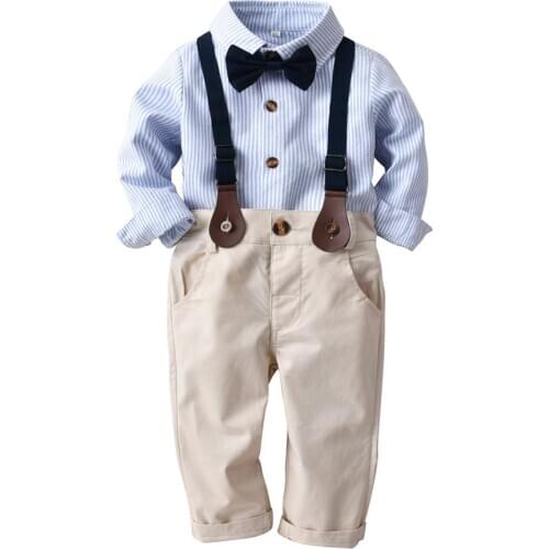 Spring/autumn European American boy suit childrens long-sleeved striped shirt bow tie trousers gentleman suit Boy clothes