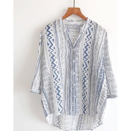 Vintage Printed Cotton 100% Women Shirts Summer 2021 V-Neck Half Sleeved Loose Casual Female Outwear Blouse Tops