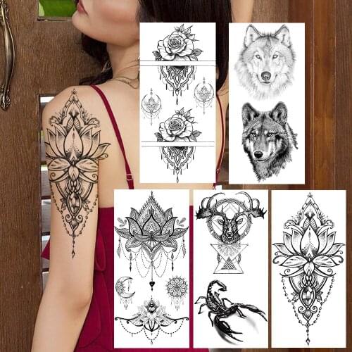 Fake Jewelry Temporary Tattoos Waterproof Geometric Death Skull Wolf Elk Tattoos For Women Body Art Arm Wasit Tatoo Sticker Show