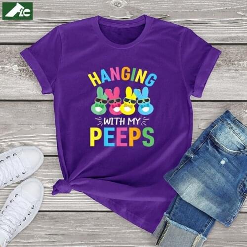 Funny Women Easter Print T-shirt hanging with my peeps kawaii Bunny Graphic Tees fashion Short Sleeve Tops Girls clothing 2021