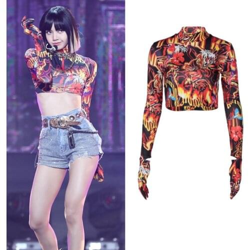 New Modern Jazz Pole GoGo Dancing Clothes Print Long Sleeve Tops For Women Dancer Team Stage Performance Clothing DWY5227