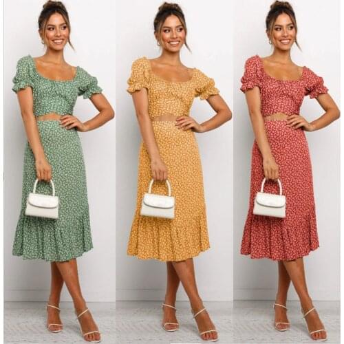 2021 New Summer Women Clothes Sets Bubble Sleeve O-Neck Collar Shirt Top+ Floral Print Long Skirt Two Pieces Suit Boho Clothing