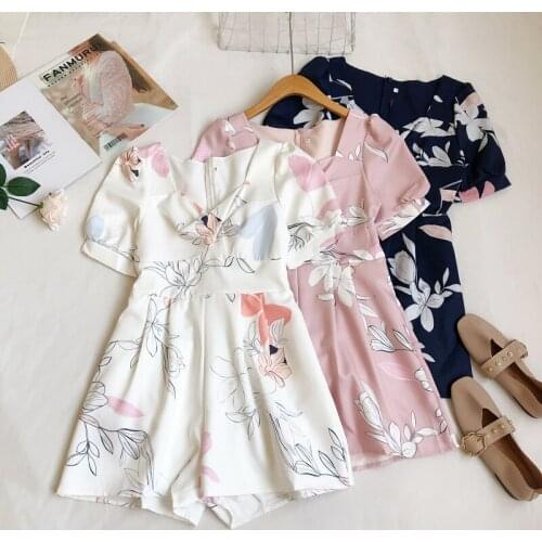 New Women Playsuit Regular Printed Floral Thin Short Sleeves Playsuit Ladies Casual Romper Overalls Wide-leg-shorts Jumpsuits