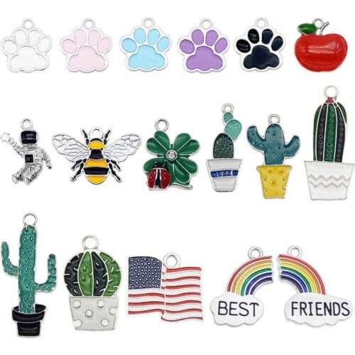 Julie Wang 10PCS Enamel Charms Random Mixed Paw Print Apple Cactus Bee Rainbow Alloy Silver Color Tone Jewelry Making Accessory