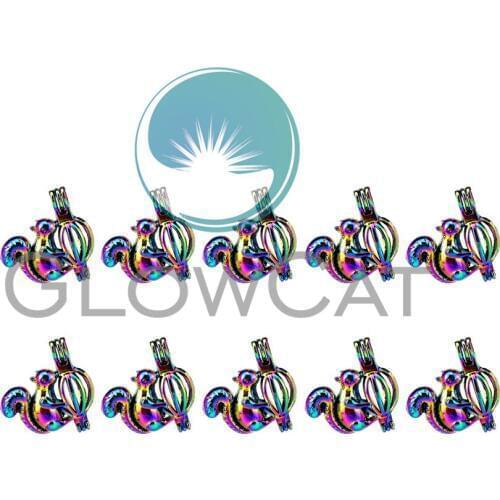 10x C501 Rainbow Color Cute Squirrel & Nut Beads Cage Jewelry Making Perfume Diffuser Pearl Cage Locket Pendant