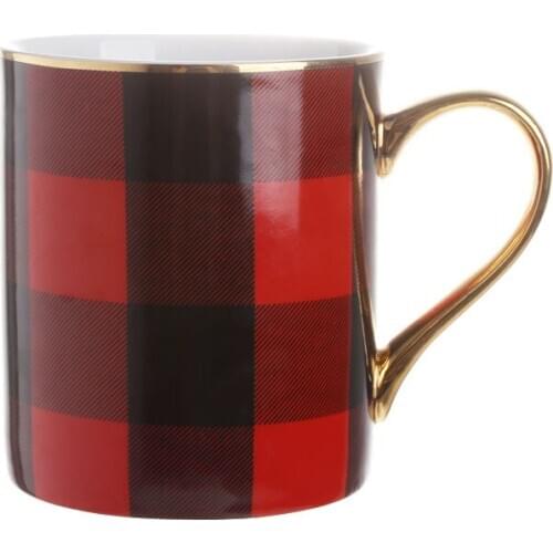 380ml Nordic Ins Wind Coffee Cup Ceramic Water Cup Large Capacity Red Lattice Christmas Gold Handle Mugs
