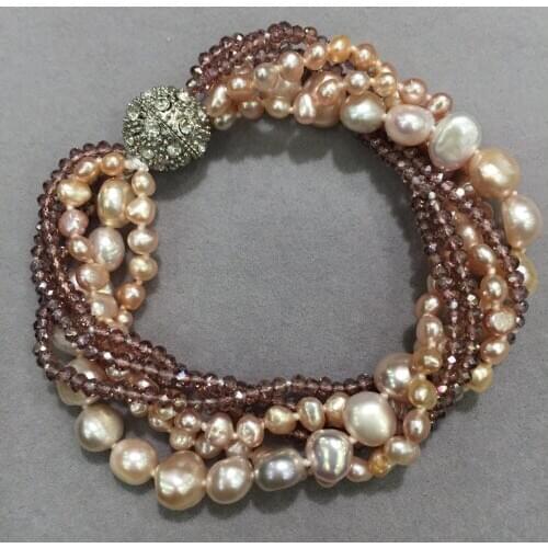Purple color natural fresh water pearl and crystal bracelet multi layers magnet lock fashion women jewelry free shipping