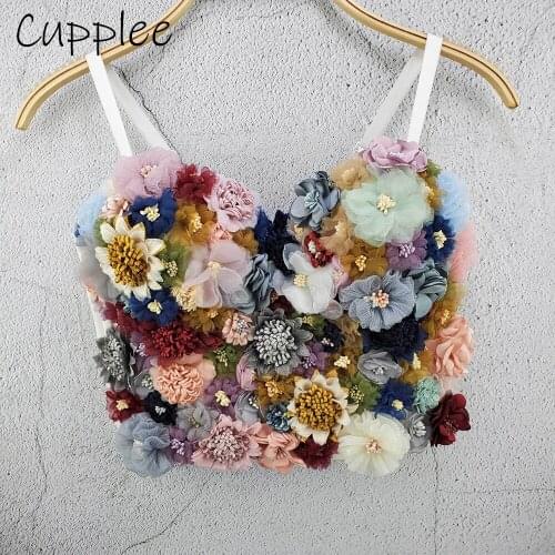 Cupnaya Flowers Decor Women Cute Sexy Spandex Crop Top Spaghatti Strap Bustier Summer Inside Cami Corset Bralette RM001