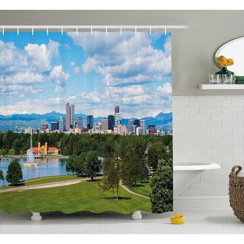 Urban Shower Curtain City Park at Denver Colorado Downtown Tree and Architecture Sunny Panorama Home Decor Bathroom Curtains