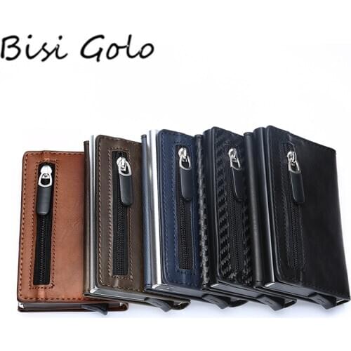 BISI GORO 2020 Card Holder Money Bag Aluminum Box Card Wallet RFID PU Leather Pop Up Card Case Magnetic Carbon Fiber Coin Purse