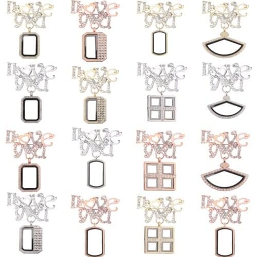 10Pcs Creative Crystal Geometric Square Polygon Locket Pendant Letters Brooch Pins Fit Pearl Aromatherapy Diffuser Jewelry