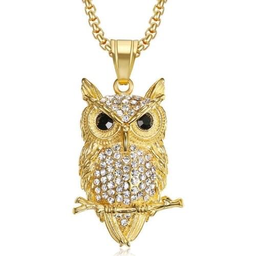 Hip Hop Iced Out Owl Pendant & Chains For Men Gold Color Stainless Steel Animal Necklaces Male Bling Jewelry Dropshipping