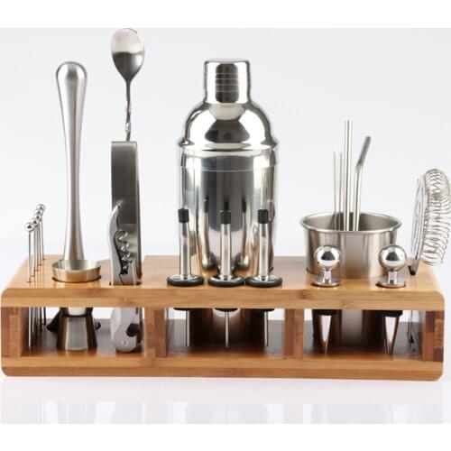 23pcs Stainless Steel Cocktail Shaker Set Barware Kit with Square Wooden Rack for Bartender Drink Party Bar Tools