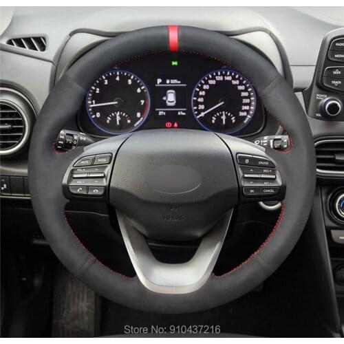 Customize for Hyundai Kona 2017 2018 2019 Black Suede Leather Red Marker Steering Wheel Cover Hand-Sewing