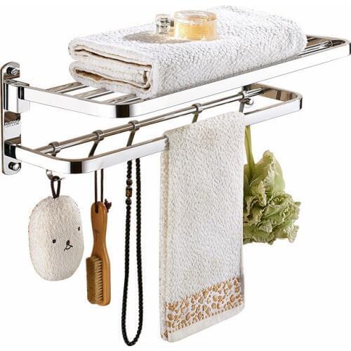 Stainless Steel 304 Bath Towel Rack Bathroom Rack Bathroom Hardware Hanger Fold Towel Bar Double Swivel Towel Bar with Hook