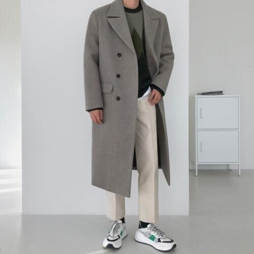 Solid Lapel Woolen Coat Male Korean Loose Double-breasted Long Coat Mens Winter Thicken Warm Slim Jacket Boy