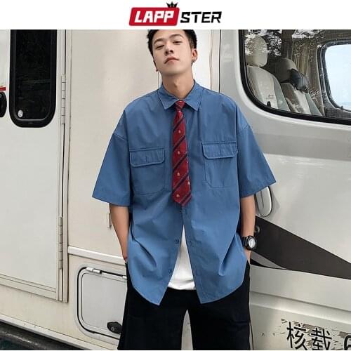 LAPPSTER Men Solid Button Up Harajuku Shirts 2021 Summer Mens Hawaii Short Sleeve Streetwear Shirts Male Kpop Vintage Shirts 2XL