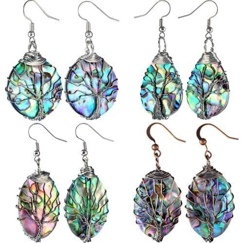 TUMBEELLUWA Handmade Copper Wire Wrapped Abalone Shell Tree of Life Dangle Drop Hook Earrings for Women