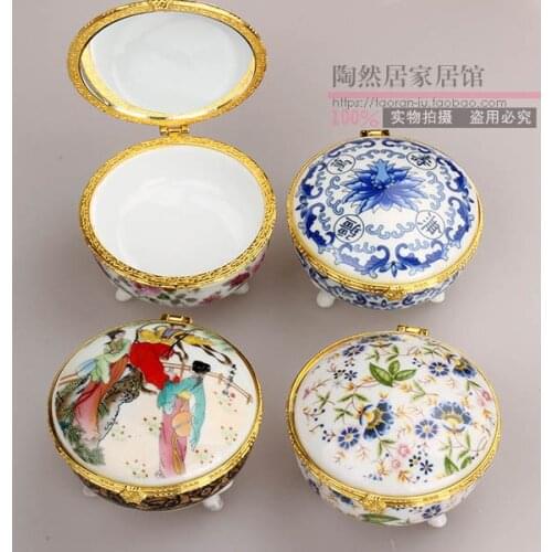 Tripod Porcelain Jewelry box storage box Rouge box sewing box Chinese powder box flip with mirror