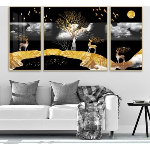Modern 3 Panel Canvas Painting Golden Deer and Tree Nordic Posters and Prints Abstract Wall Pictures For Living Room Decoration