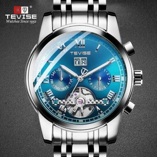 TEVISE 9005 Skeleton Automatic Watches Men Mechanical Watch Tourbillon Stainless Steel Clock Business Men Wristwatches Relogio