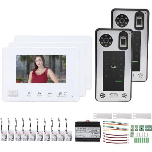 2-Wire Video Intercom 7in 3 Monitors 2 Cameras Fingerprint Password IC Card Night Vision Doorbell 100-240V