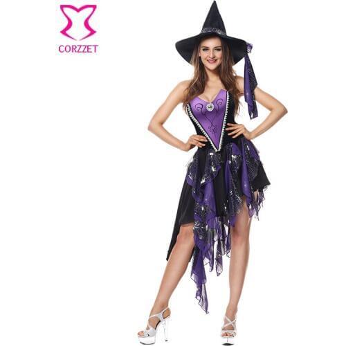 Corzzet Purple Cotton Straps Halloween Witch Costume for Women Adult Adulto Fantasia Dress Hat Cosplay Clothing for Woment