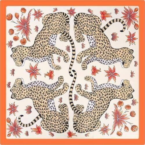 POBING 100% Silk Scarf Women Square Scarves Wraps FOUR Leopard Print Neckerchief Female Foulard Stain Silk Hijab Large Bufandas