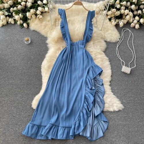 Womens Spring Autumn Runway Fashion Designer Irregular Blue Long Dress Female Chic Travel Party Dress TB846