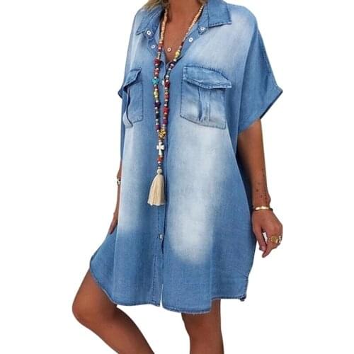 Fashion Autumn Women Dress Lady Long Sleeve Denim Shirt Dress Casual Turn-down Collar Women Dresses Pocket Loose Party Clothes