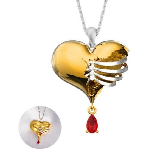 Artificial gem fashion heart shape with skeleton Pendant Necklace chic Gothic women
