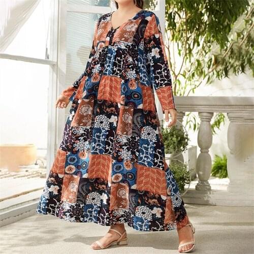 Plus Size Smocked Maxi Dress Woman 2021 Autumn V Neck Long Sleeve Multicolor Printing Vintage Dress Loose Oversized Clothing