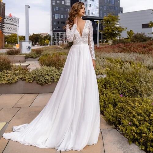 Fanweimei Chiffon A Line Bridal Dress 2021 Sexy V-neck Applique Lace Long Sleeve Backless Wedding Gowns with Sweep Train