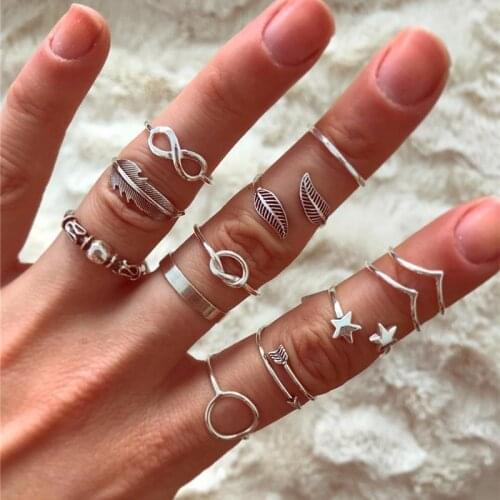 12 Pcs/Set Fashion Leaf Feather Arrow Star Finger Rings Set for Women Simple Rings Party Jewelry Gifts