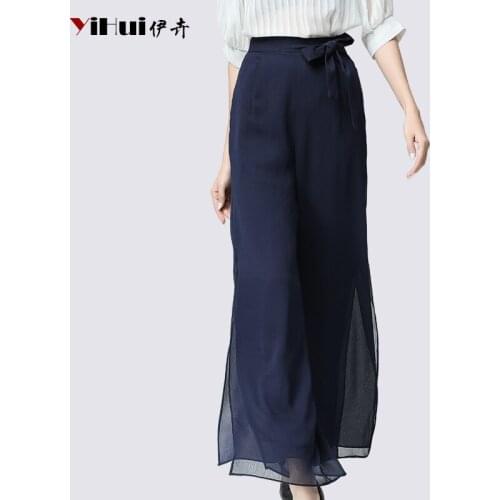 2021 Summer New Chiffon Wide Leg Pants Drooping High Waist Lacing Straight Women Long Trousers Loose Plus Size Black Lady Pants