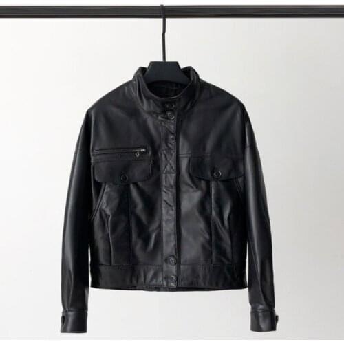 2021 Autumn New Haining Leather Clothes Womens Sheepskin Locomotive Short Stand Collar Leather Jacket Leisure Thin Coat