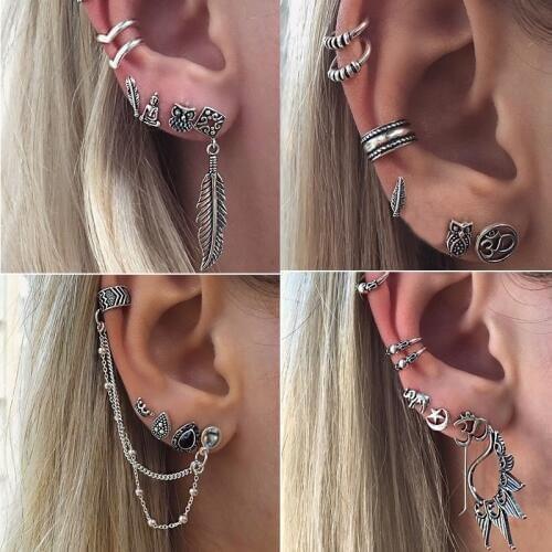 7Pcs/Lot Boho Style Tibetan Silver Top Tragus Piercings Hoop Helix Cartilage Tragus Daith Earring Studs Piercing Silver Jewelry