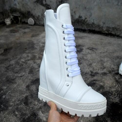 New Cow Leather Iner Height Increased Ankle Boots Thick Platform Sole Women Round Toe Zipper Woman Fashion Lace Up Martin Boots