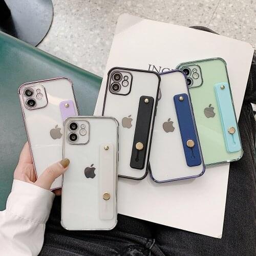 Wrist Strap 6D Plating Clear Phone Case For iPhone 12 11Pro Max XR XS Max 7 8 Plus 12 Mini SE 2020 Soft TPU Stand Holder Cover