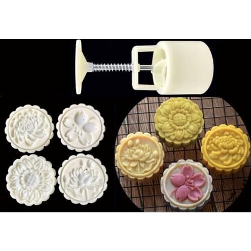 50g Mooncake Mold with 4 Round Rose Flower Stamps Cookie Cutter Hand Press Mould 11UA