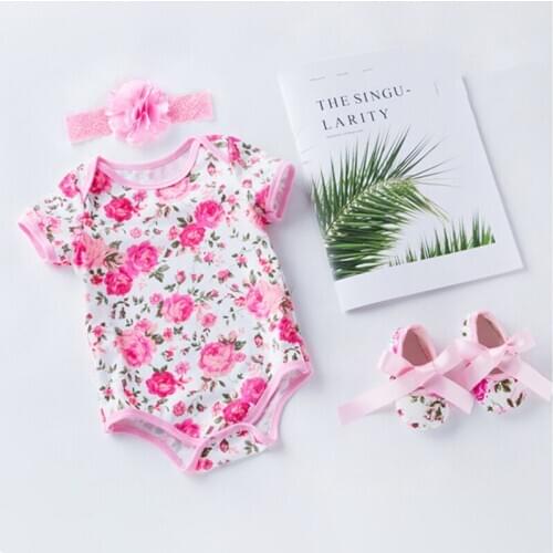 0-24 Infant Newborn Boys Baby Girls Cotton Romper Body Suits Pink Rose Printed Girls' Short Rompers+ Hairband Photograph Outfits